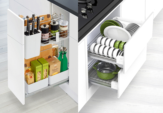 Gian bếp tiện nghi nhờ 3 phụ kiện cần thiết 3 Bộ đôi phụ kiện lưu trữ Cooking Agent và Dining Agent do Hafele phân phối có ray trượt giảm chấn, hoạt động êm ái, thích hợp cho thiết kế gian bếp hiện đại.