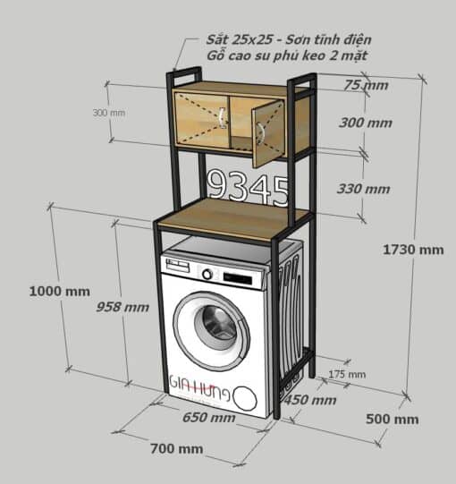 Kệ máy giặt có tủ gỗ cao su khung sắt GHS-9345 - Hình ảnh 2