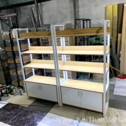 Kệ trưng bày sản phẩm khung sắt tủ gỗ MDF có gắn LED GHS-9533